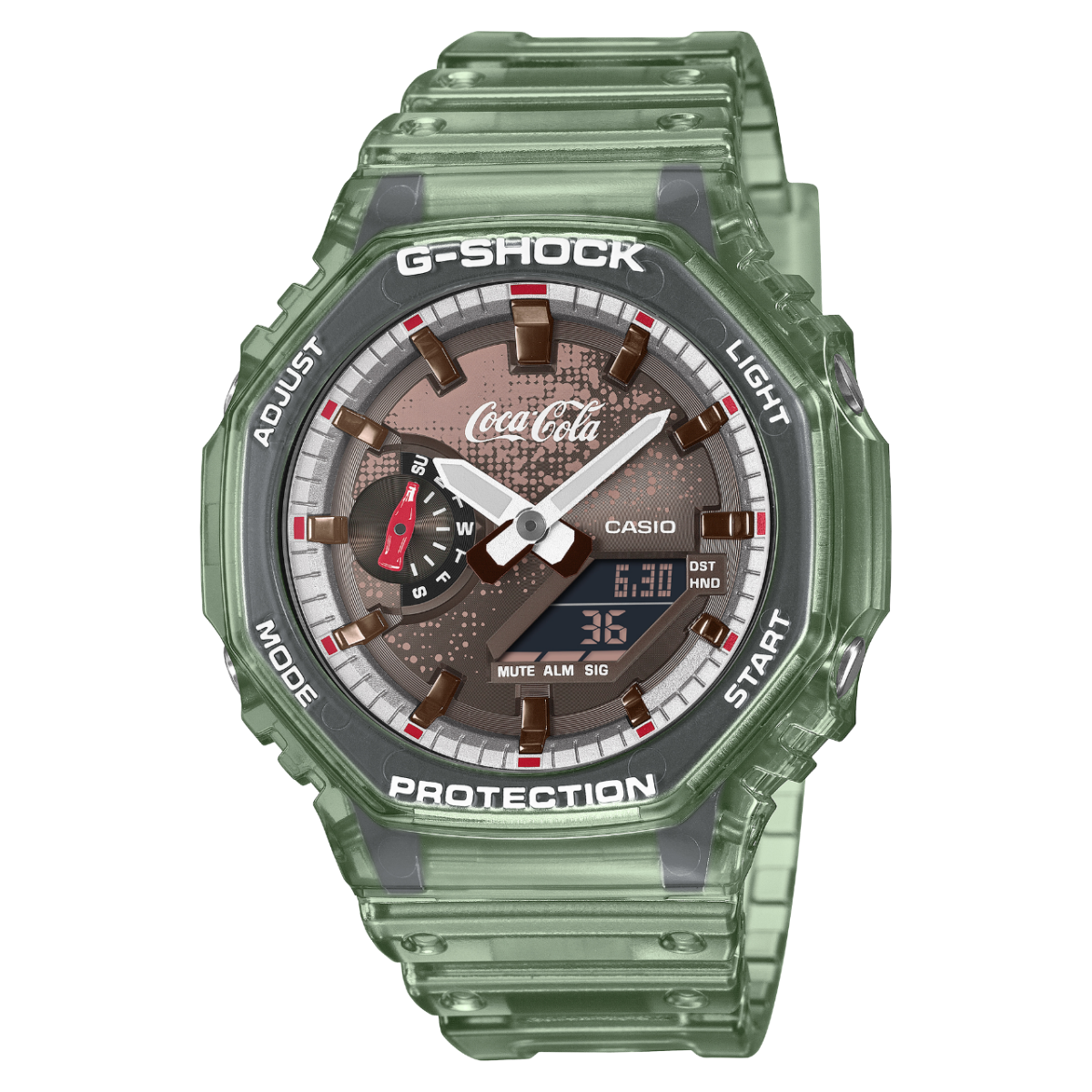 Front view of the green-transparent G-SHOCK GA-2100CC-3AER, created in collaboration with Coca-Cola®