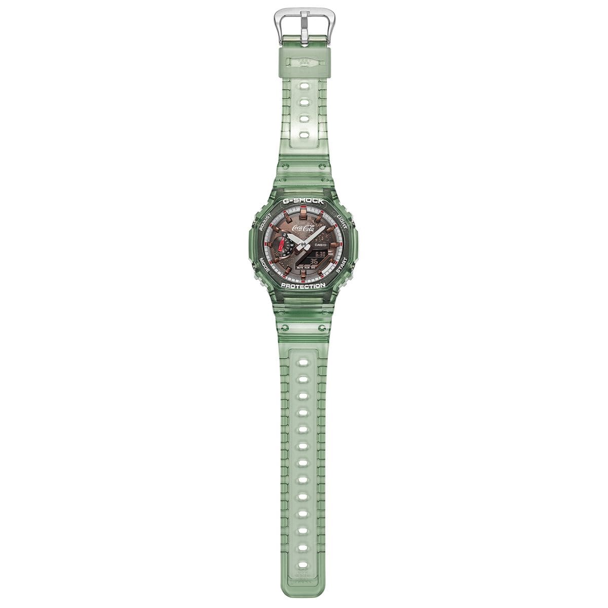 Overall view of the GA-2100CC-3A analog-digital wristwatch with the strap open and a silver metal clasp