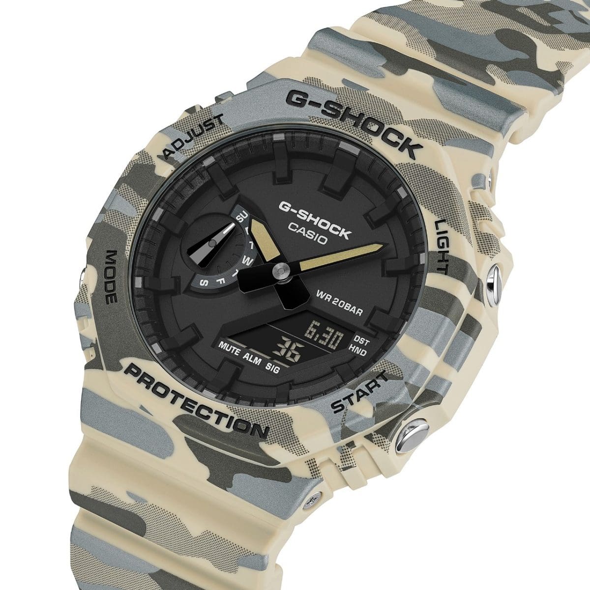 A slightly angled view of the GA-2100CM-5AER in camouflage pattern. Some grey patches have a subtle shimmer, while others feature a fine dotted design.