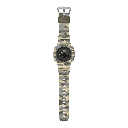 Overall view of the G-SHOCK GA-2100CM-5AER in camouflage design, including the strap and case.