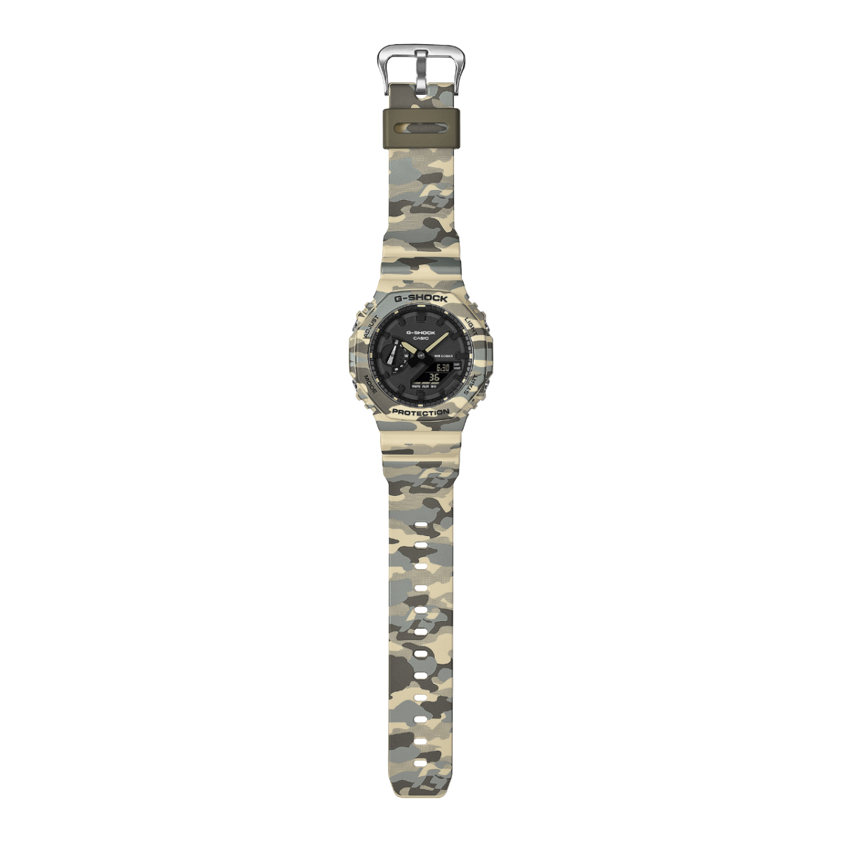 Overall view of the G-SHOCK GA-2100CM-5AER in camouflage design, including the strap and case.