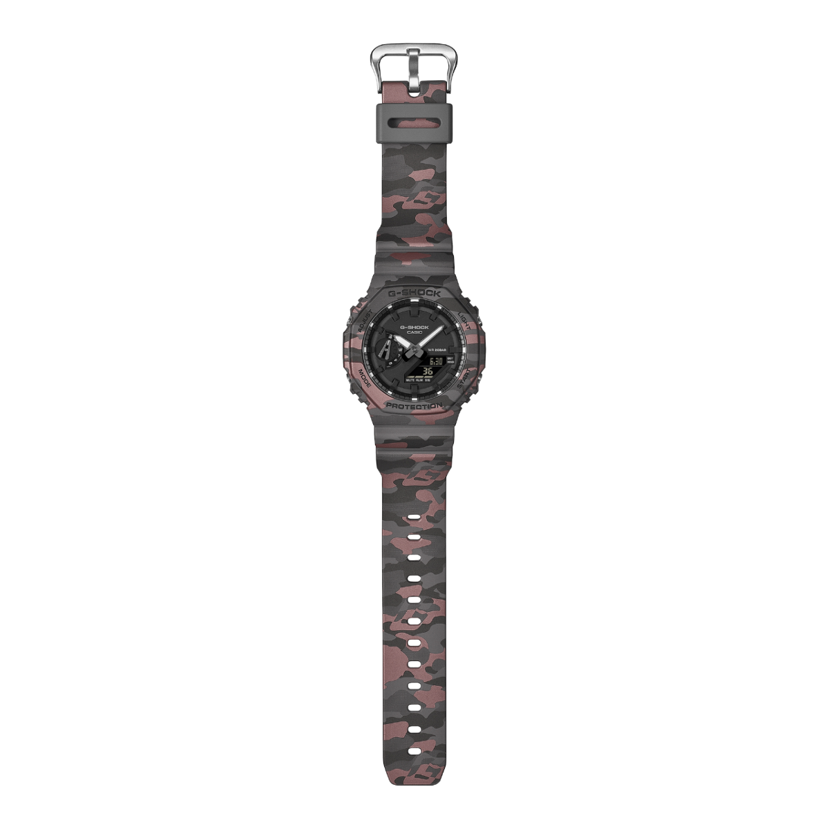 Overall view of the GA-2100CM-8AER with open bracelet and grey strap holder