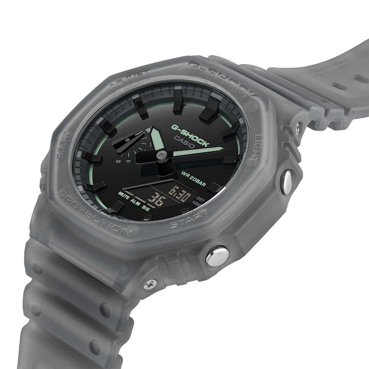 Side view of the GA-2100K-1AER showing the silver buttons on the casing
