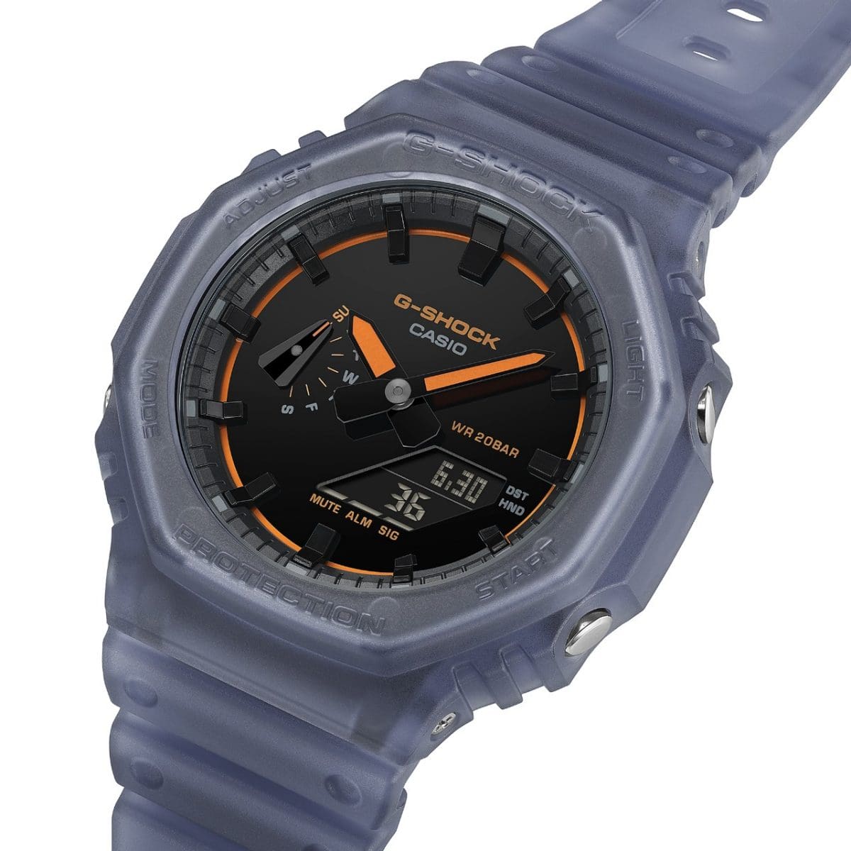 Angled side view of the GA-2100K-2AER with semi-transparent blue case and strap