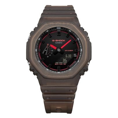 Front view of the GA-2100K-5AER with brown, semi-transparent case and strap