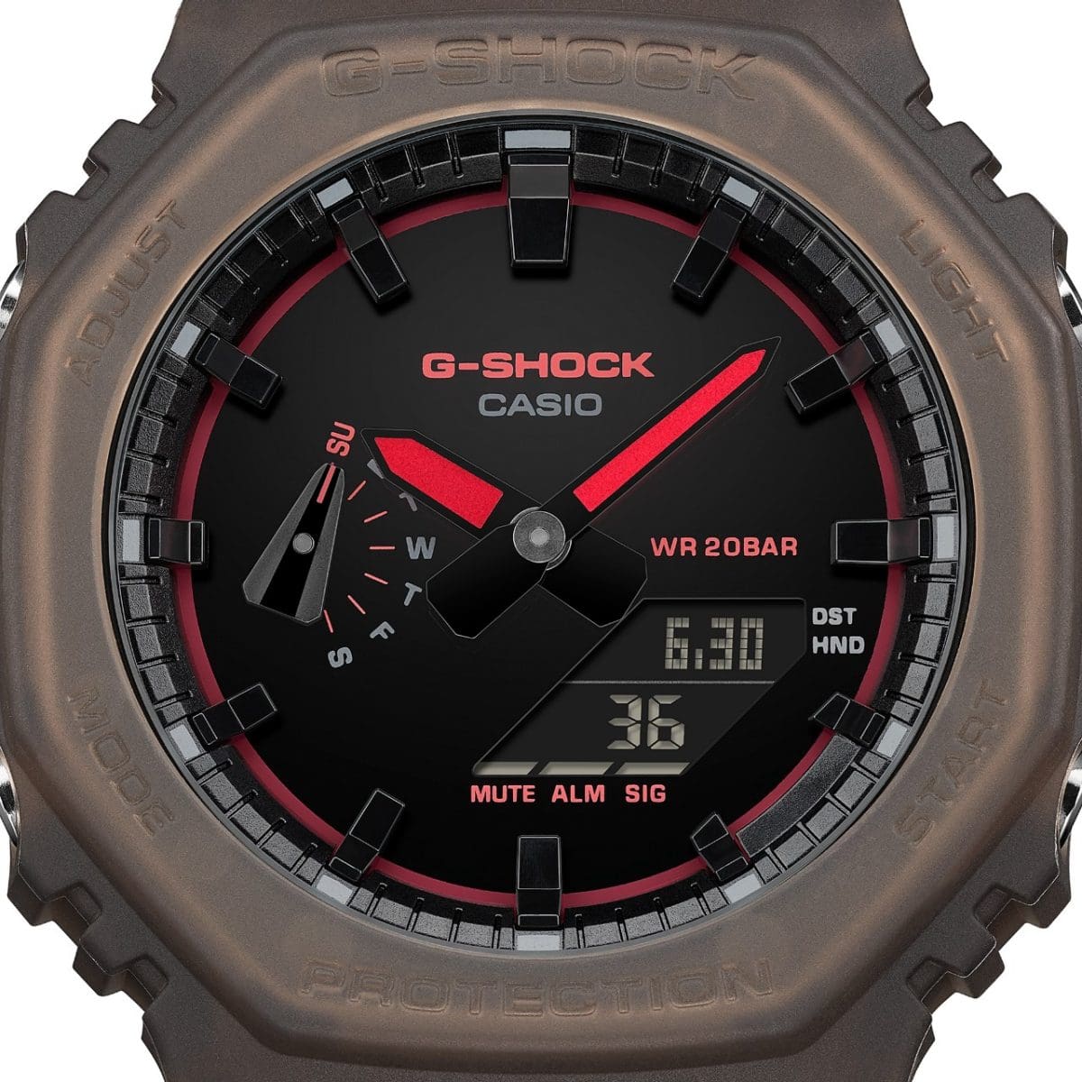 Close-up of the GA-2100K-5AER with black dial and neon red accents