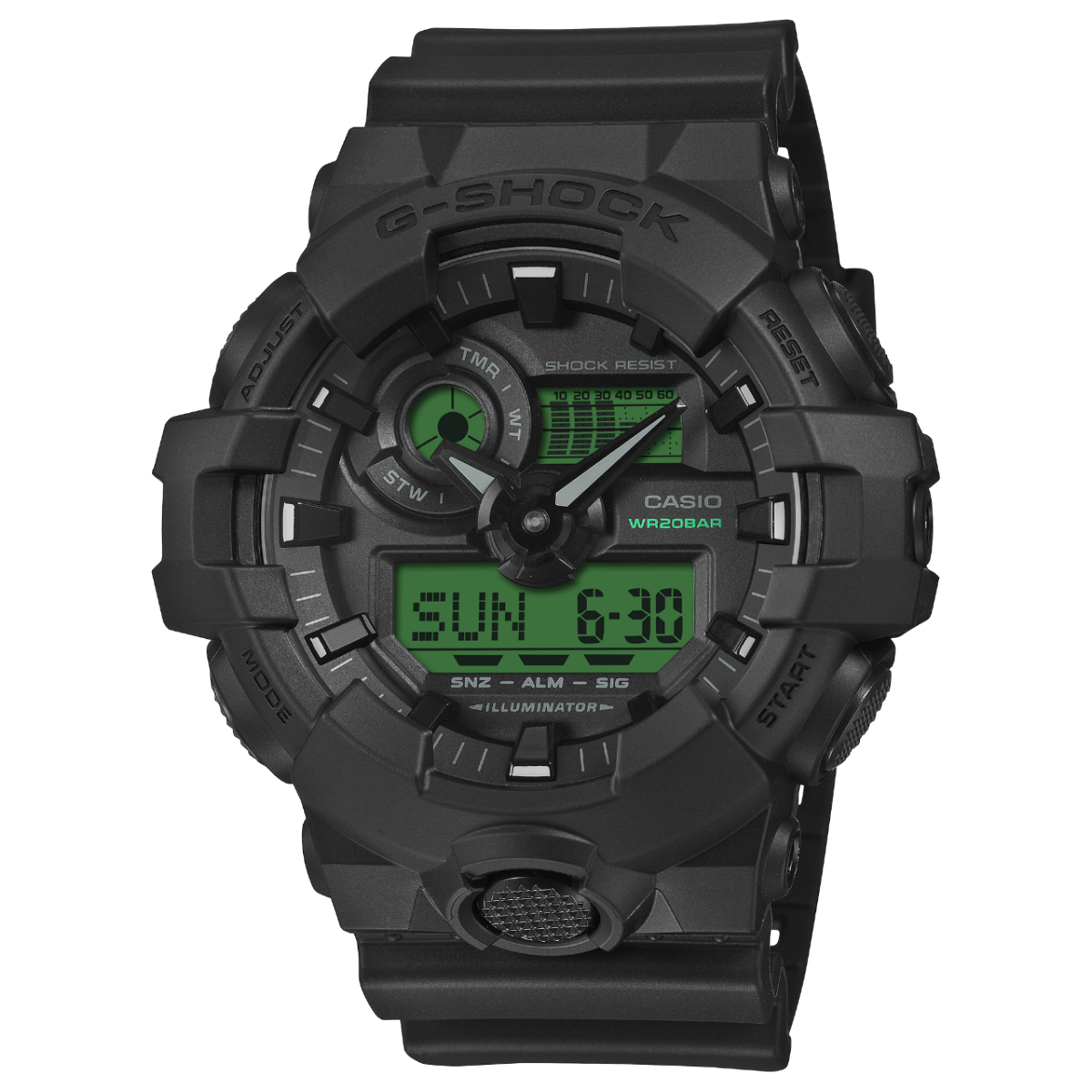 Front view of the black analog-digital wristwatch GA-700BEG-1AER from G-SHOCK with green digital display