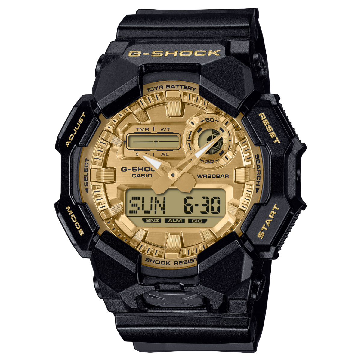 Front view of the black GA-010GGB-1A9ER with gold dial