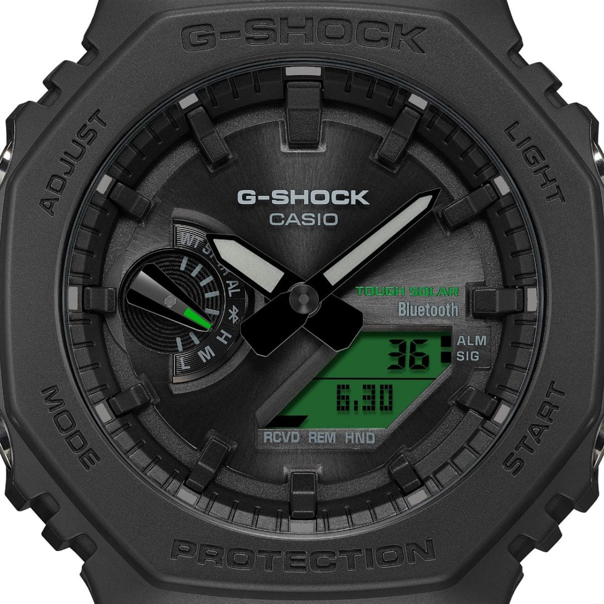 Close-up of the black dial with green digital display of the G-SHOCK wristwatch GA-B2100BEG-1AER