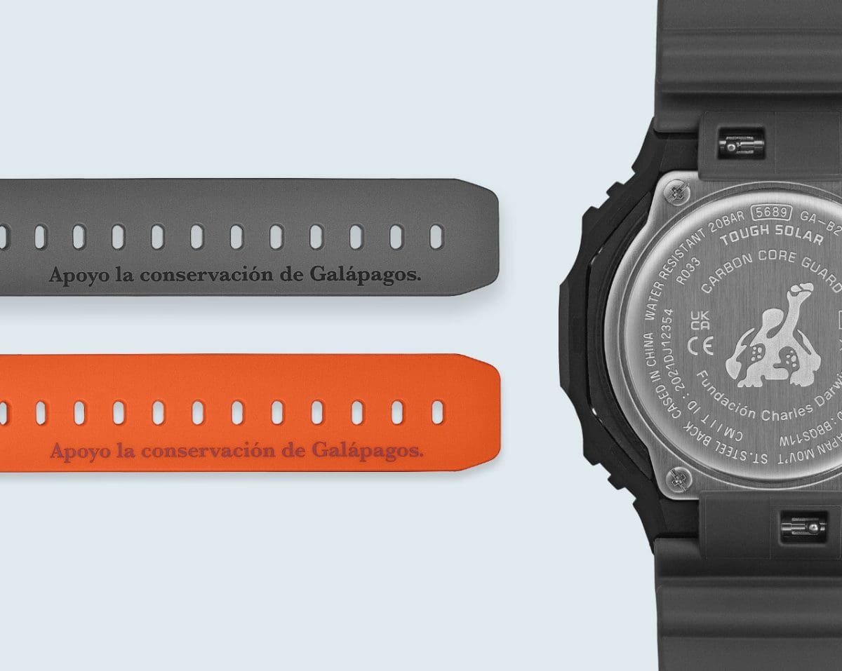 The strap of the GA-B2100DF-4AER and the GA-B2100DF-1AER features the words "Apoyo la conservación de Galápagos." This is Spanish for "I support the conservation of the Galápagos Islands."