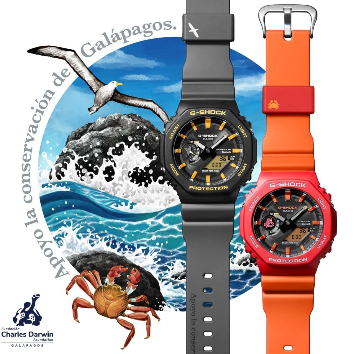 The GA-B2100DF-1A and GA-B2100DF-4A models against a background of the Galapagos Islands with a crab and an albatross