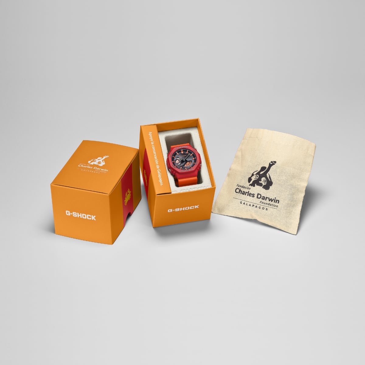 Three-part packaging of the GA-B2100DF-4AER consisting of a fabric bag, a cardboard box and an outer carton