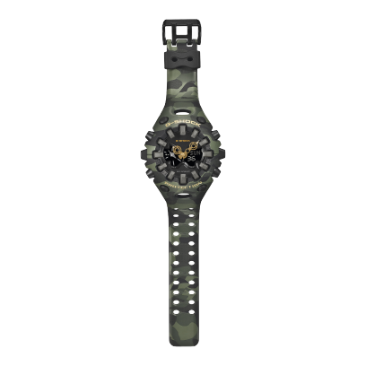 Overall view of the GA-V01CMG-3AER wristwatch with the strap open and double-row perforations