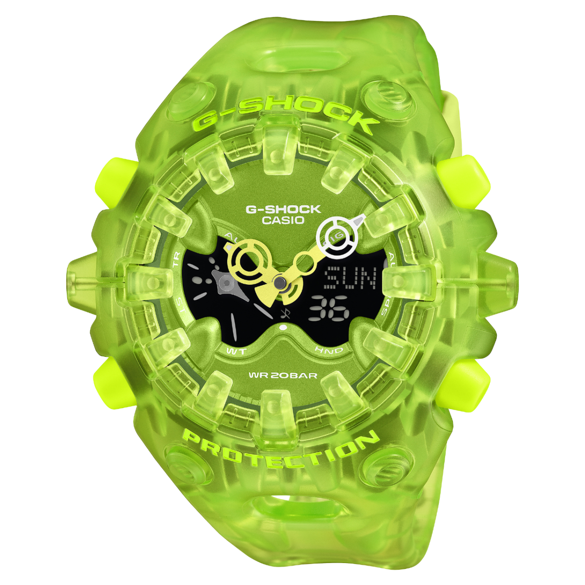 Front view of the light green, semi-transparent G-SHOCK wristwatch GA-V01SKE-3AER with analog-digital dial
