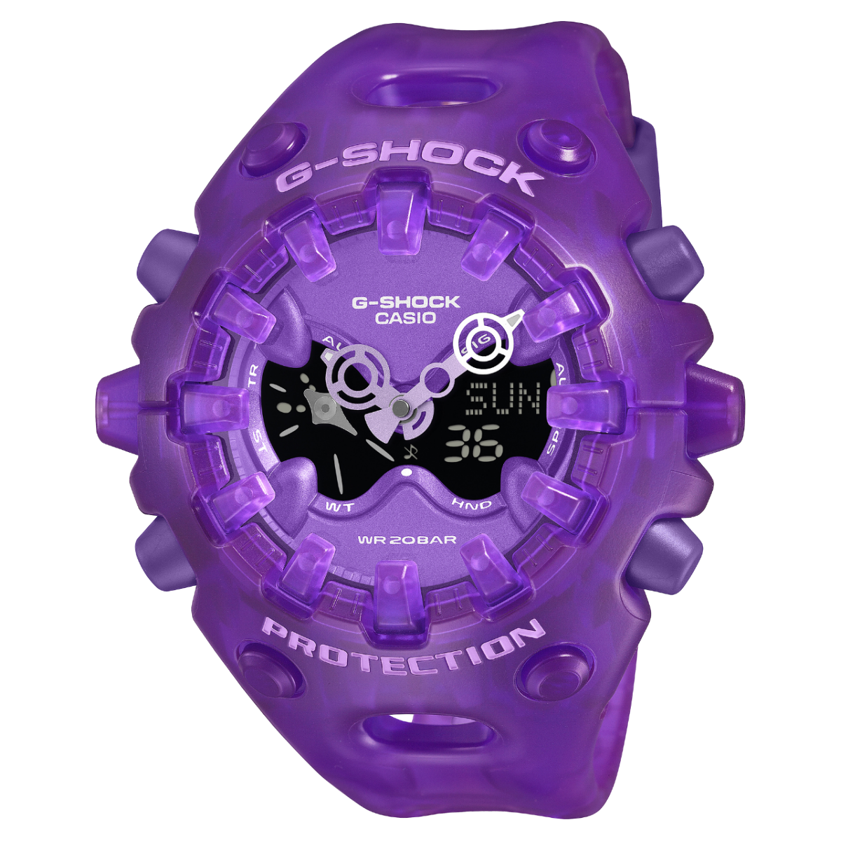 Front view of the purple, semi-transparent G-SHOCK wristwatch GA-V01SKE-6AER ​​with analog-digital dial
