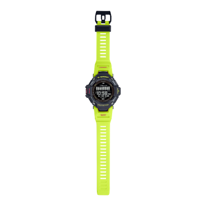 Full view of the G-SQUAD GBD-H2000-1A9 outdoor watch with neon yellow resin strap and black plastic case