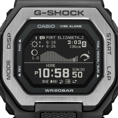 Close-up of the digital display with tide graphic of the G-SHOCK GBX-100TT-8