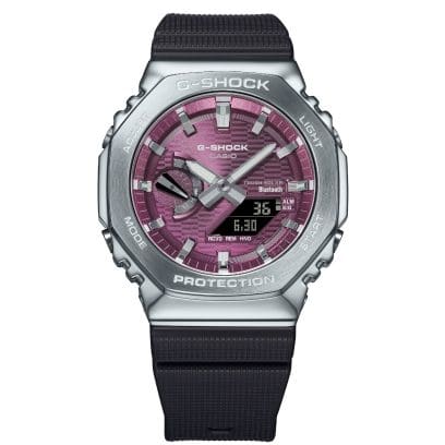 Front view of the GBM-2100A-4BER with silver case, black resin strap and burgundy dial
