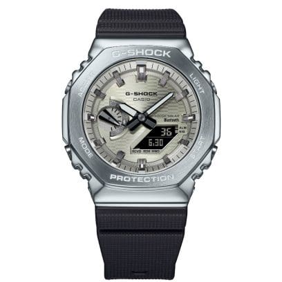 Front view of the GBM-2100A-8BER with silver case, black strap and light gold dial
