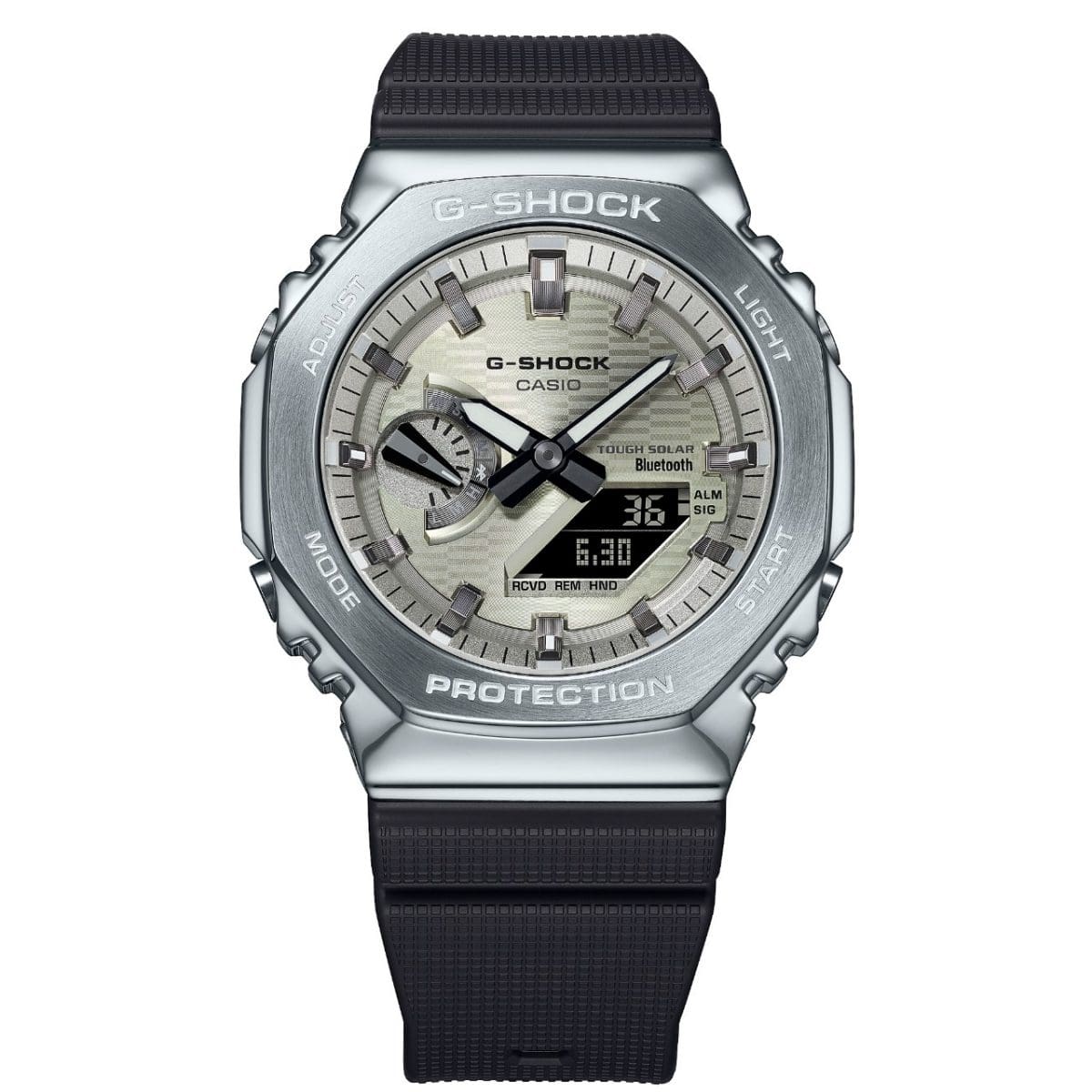 Front view of the GBM-2100A-8BER with silver case, black strap and light gold dial