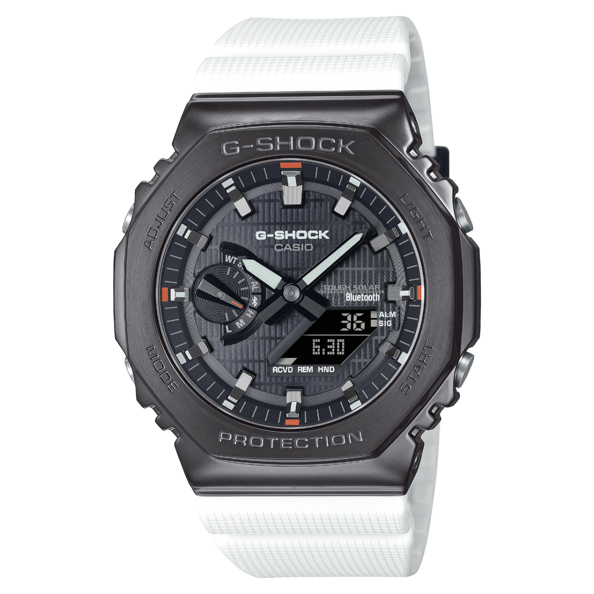 The G-STEEL hybrid watch GBM-2100B-7A with black case, black dial and white resin strap