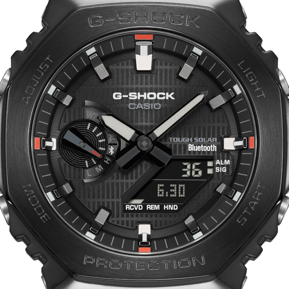 Close-up of the black digital-analogue display of the G-SHOCK wristwatch GBM-2100B-7A
