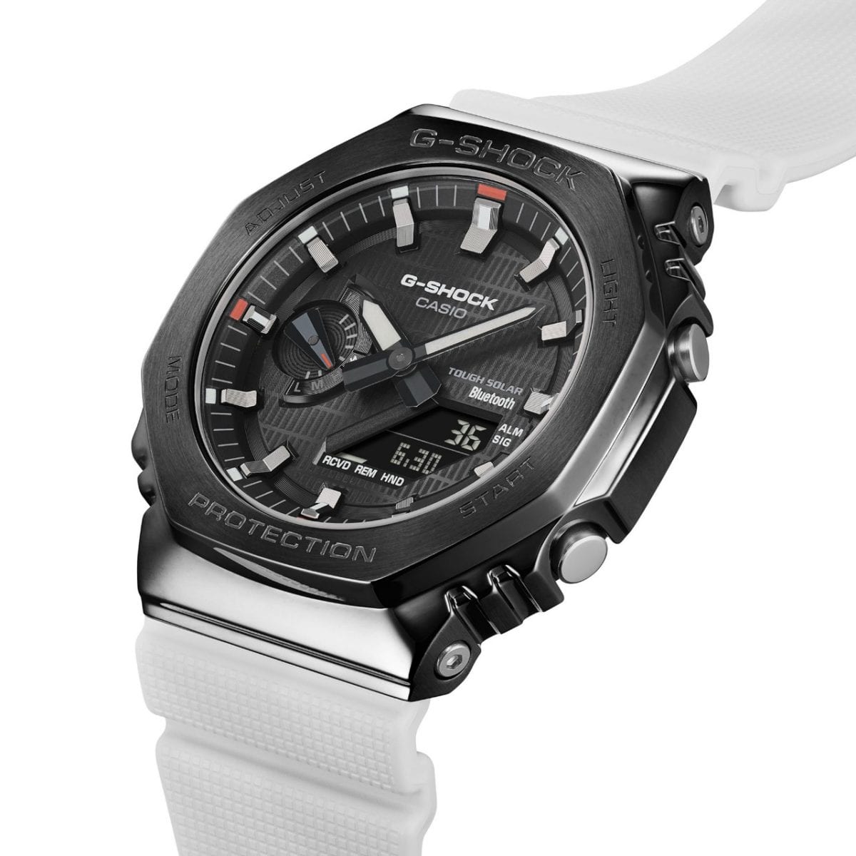 Side view of the CASIO wristwatch GBM-2100B-7A showing the display buttons on the side