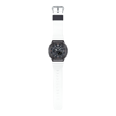 Full view of the G-STEEL hybrid watch GBM-2100B-7A with black case, black dial and white resin strap