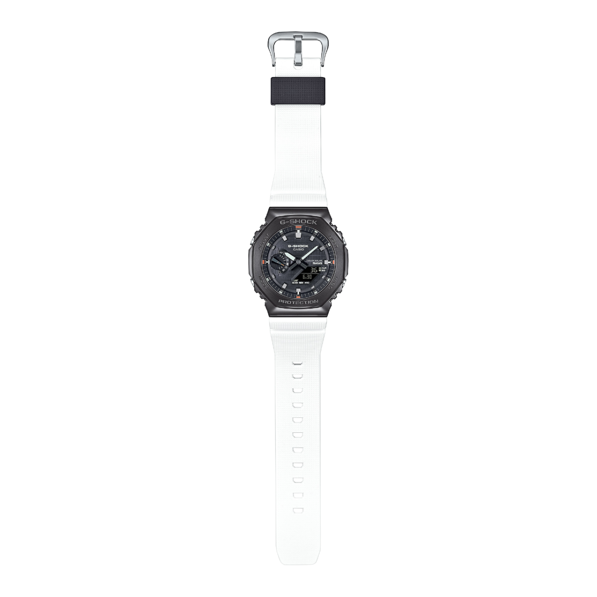 Full view of the G-STEEL hybrid watch GBM-2100B-7A with black case, black dial and white resin strap