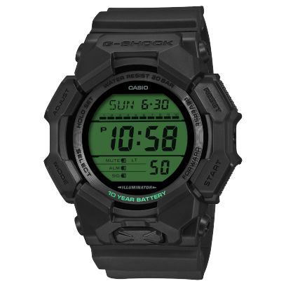 Front view of the G-SHOCK digital wristwatch GD-010BEG-1ER with green display