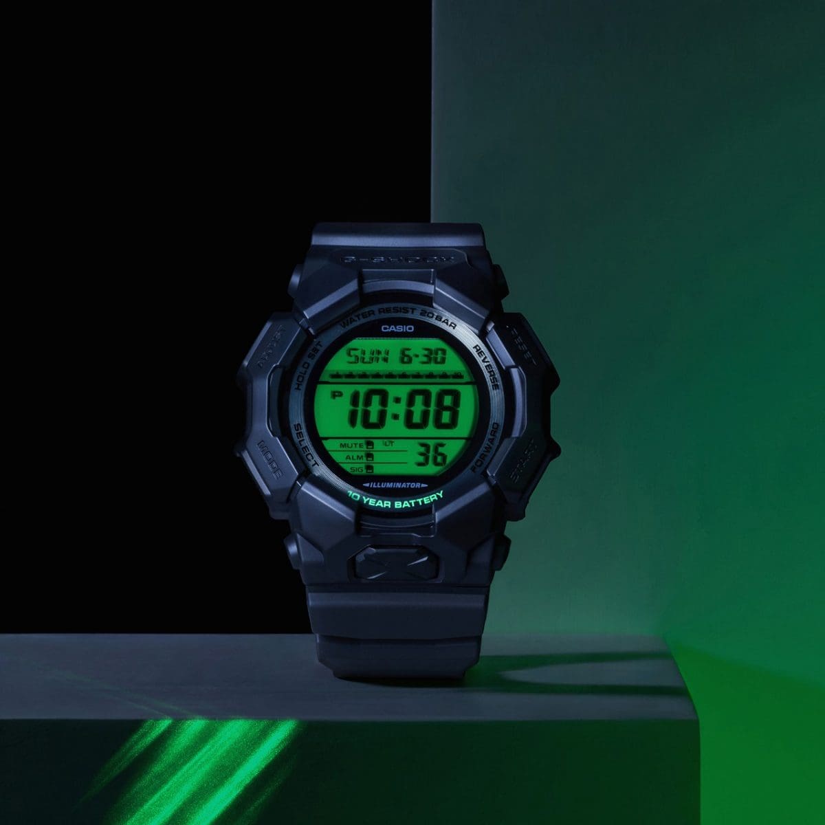 The green display of the GD-010BEG-1ER wristwatch glows in the dark when the backlight is switched on.