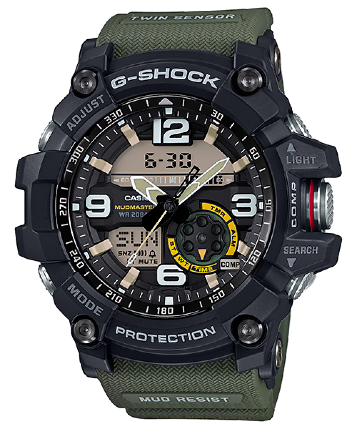 Front view of the G-SHOCK Mudmaster wristwatch GG-1000-1A3ER with black case and green strap