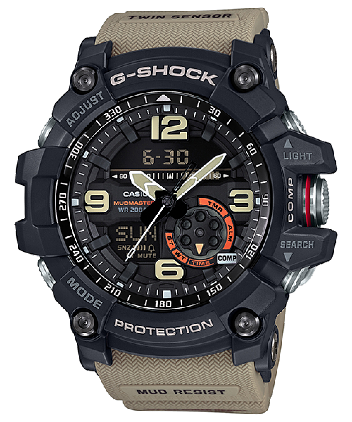 Front view of the G-SHOCK Mudmaster GG-1000-1A5ER with black case and beige strap