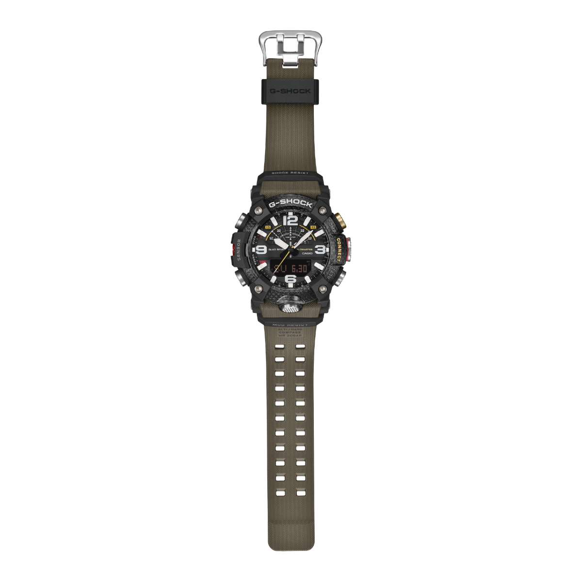 Overall view of the GG-B100X-1A3ER with textured bracelet featuring a subtle braided pattern and black strap holder engraved with G-SHOCK.