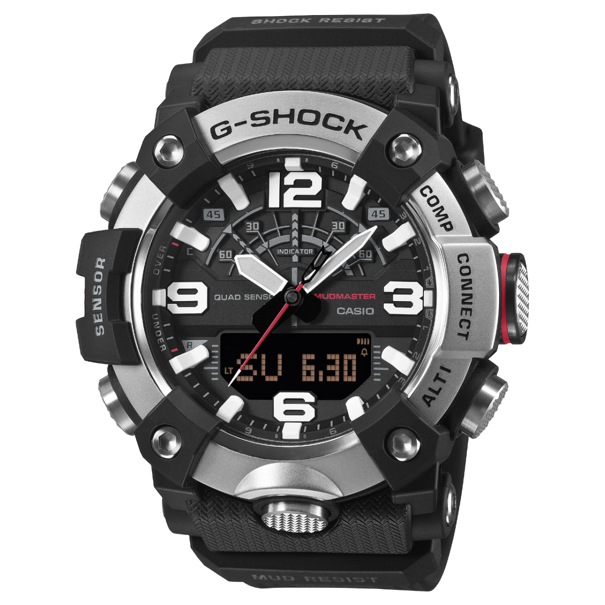 Front view of the MUDMASTER GG-B100XM-1AER with black case and strap and silver bezel