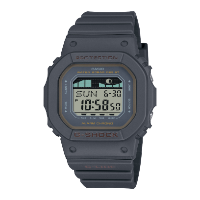 G-SHOCK digital watch GLX-S5600-1 in grey-black with time, date and tide curves on the display.