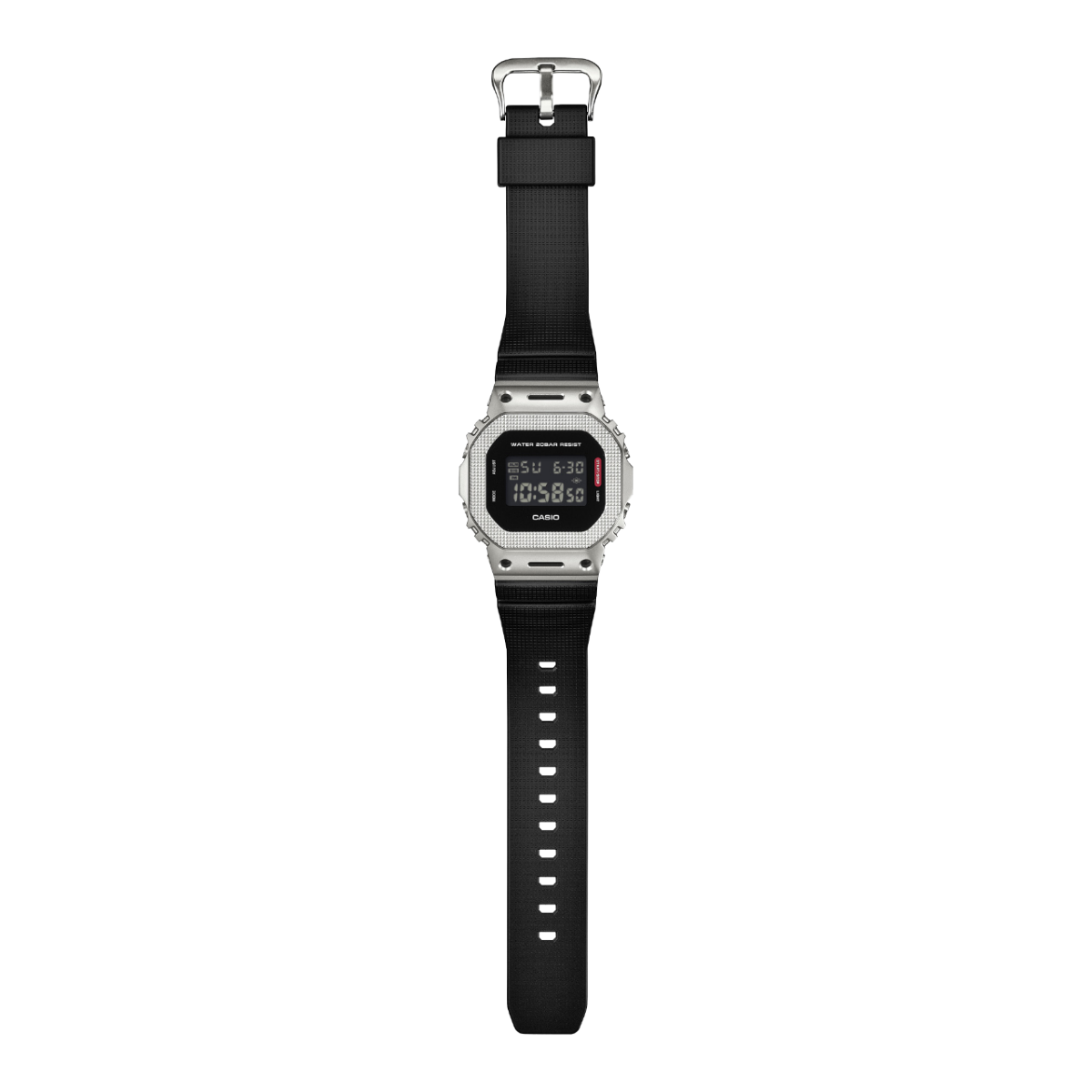 Overall view of the GM-5600M-1ER with open bracelet and silver clasp.