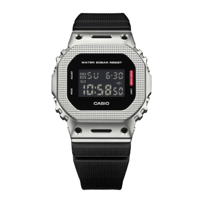 Front view of the GM-5600M-1ER. In addition to the textured surface on the strap and the top of the case, the sides of the case are smoothly polished.