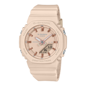 Front view of the beige GMA-P2100M-4A with rose gold accents on indices and hands