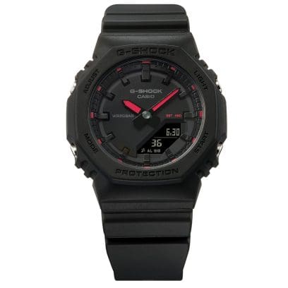 Front view of the GMA-P2100SA-1A1ER with red hands and accents on the indices
