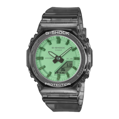 Front view of the G-SHOCK wristwatch GMA-P2100SR-1AER with black-transparent case and strap and green watch glass.