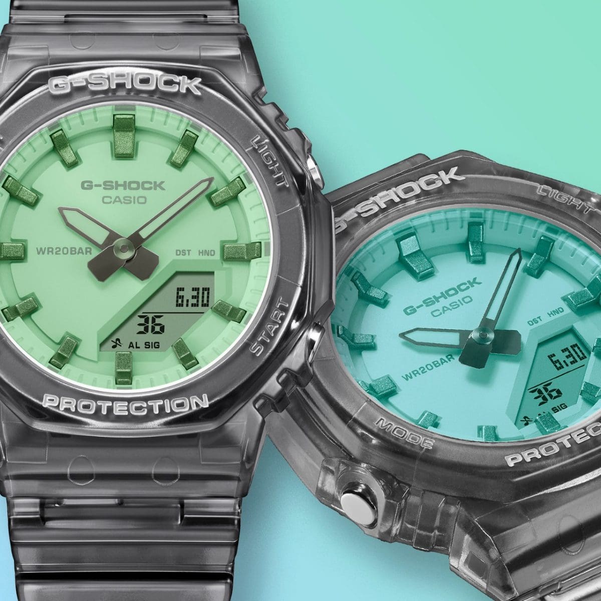 Depending on the viewing angle, the color of the watch glass of the G-SHOCK GMA-P2100SR-1A changes from green to turquoise.