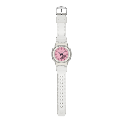 Overall view of the G-SHOCK GMA-P2100SR-7AER wristwatch with pink crystal and transparent strap and case.