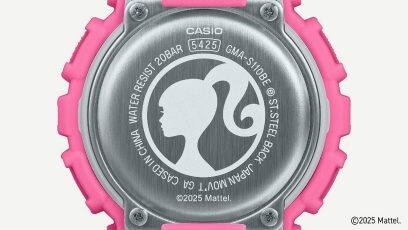 Rear view of the GMA-S110BE-4AER with the typical Barbie™ silhouette head as a large engraving in the middle.