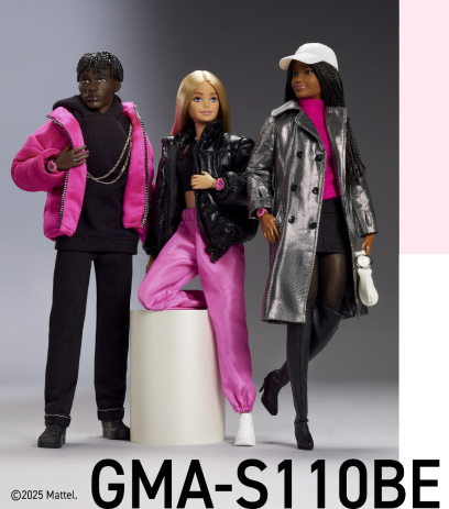 Three Barbies with different skin tones have miniature versions of the GMA-S110BE-4AER on their wrists. 