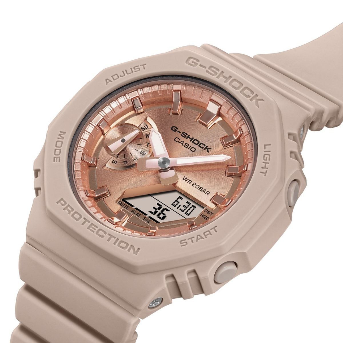 Side view of the GMA-S2100MD-4A looking at the shimmering dial