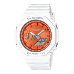 The white G-SHOCK wristwatch ‘GMA-S2100WS-7A’ with octagonal bezel and bright orange dial