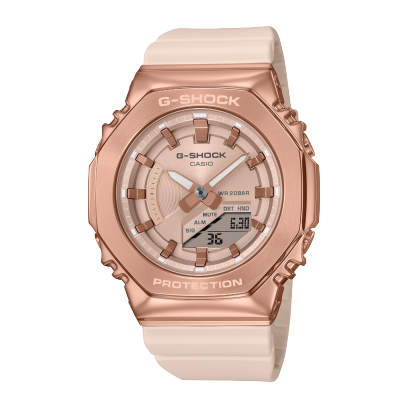 The compact GM-S2100PG-4A hybrid watch from G-SHOCK with rose gold stainless steel bezel and pink resin strap