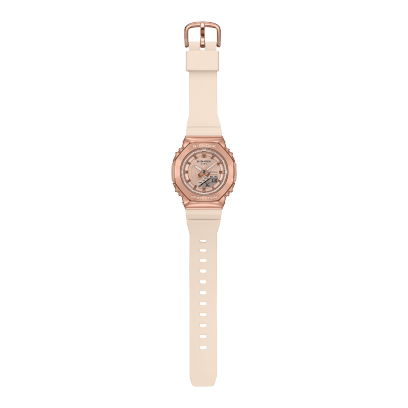 Full view of the GM-S2100PG-4A ladies' watch with pink resin strap and rose gold stainless steel bezel