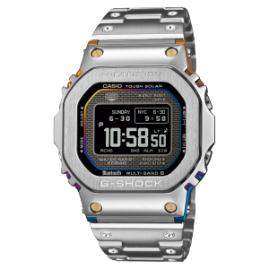 Front view of the all-metal G-SHOCK GMW-BZ5000RC-1ER watch with rainbow-colored elements